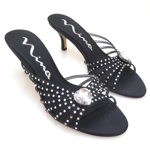 Nina Shoes Shoes - Vintage 2000s Y2K Nina black satin strappy rhinestone heart mules heels size 8